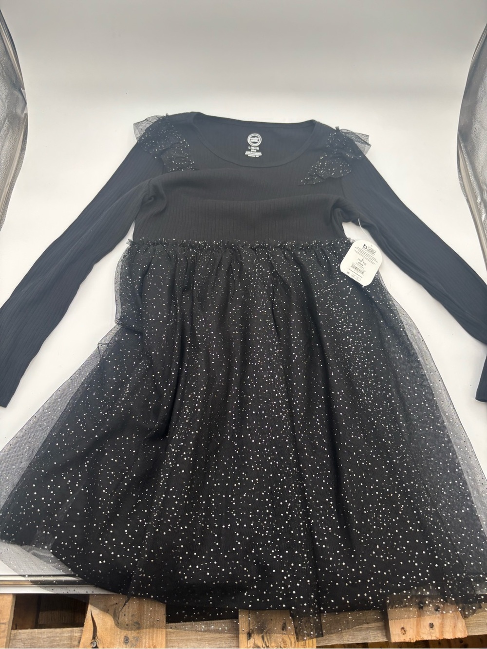 wonder nation Black Glitter Tulle Long-Sleeve Party Dress for Kids